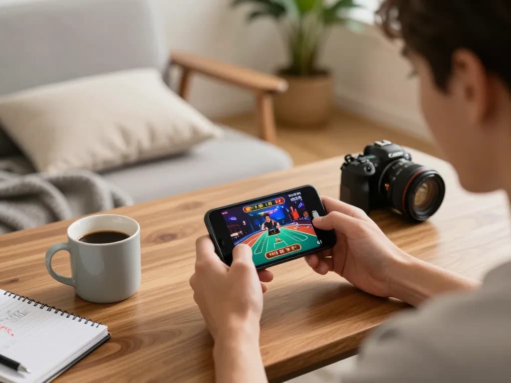 Leci123 player engaging with mobile casino app during a cozy home gaming session