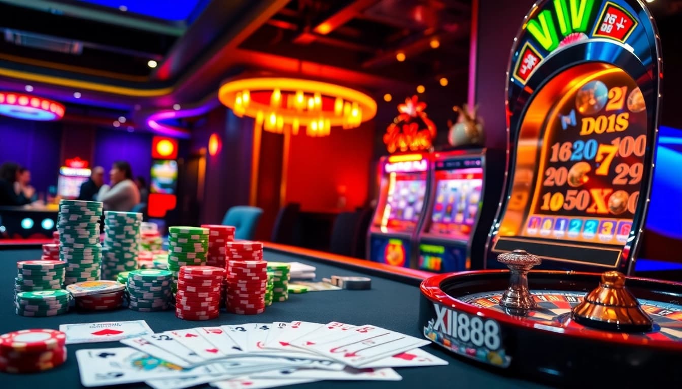 Experience the thrill of Xin88 with players engaging in casino games at a vibrant, luxurious table.