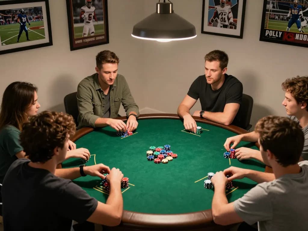 Friends enjoying an exciting poker game at home on go8 com with chips and cards displayed.