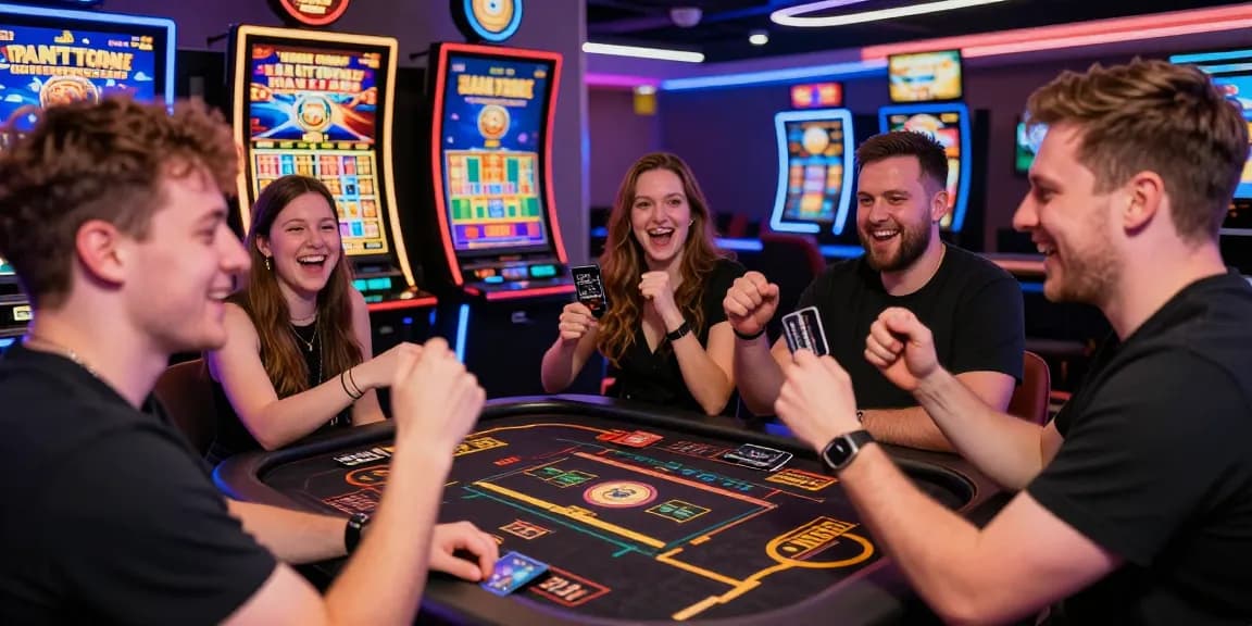 Exciting online gaming scene at credit card casinos featuring friends celebrating a win at https://thegbhouse.co.uk/ with vibrant displays and lively atmosphere.