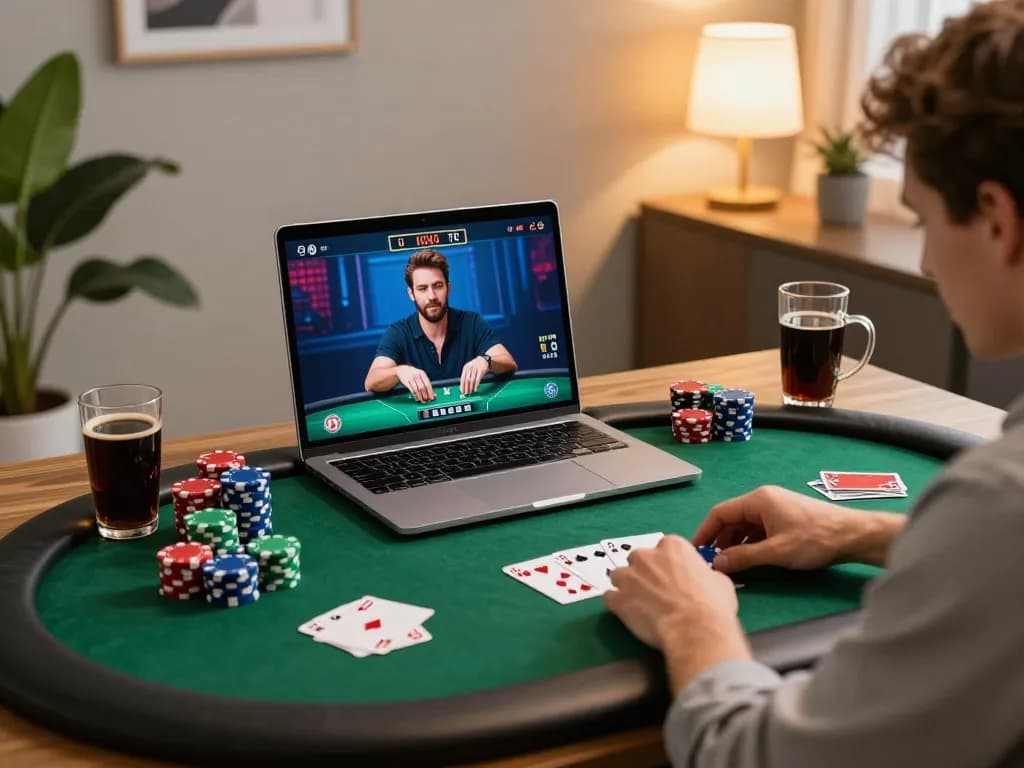 Engaging online poker gameplay at home, showcasing vipwin strategies and modern decor.