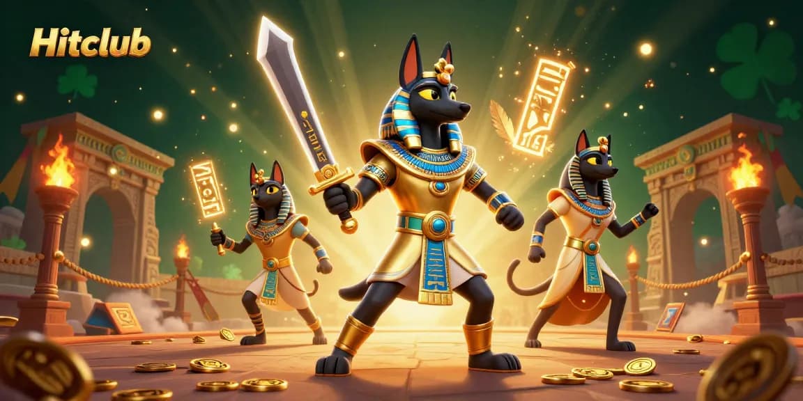 Experience thrilling gameplay at Hitclub with Anubis and Bastet in an enchanting casino scene.