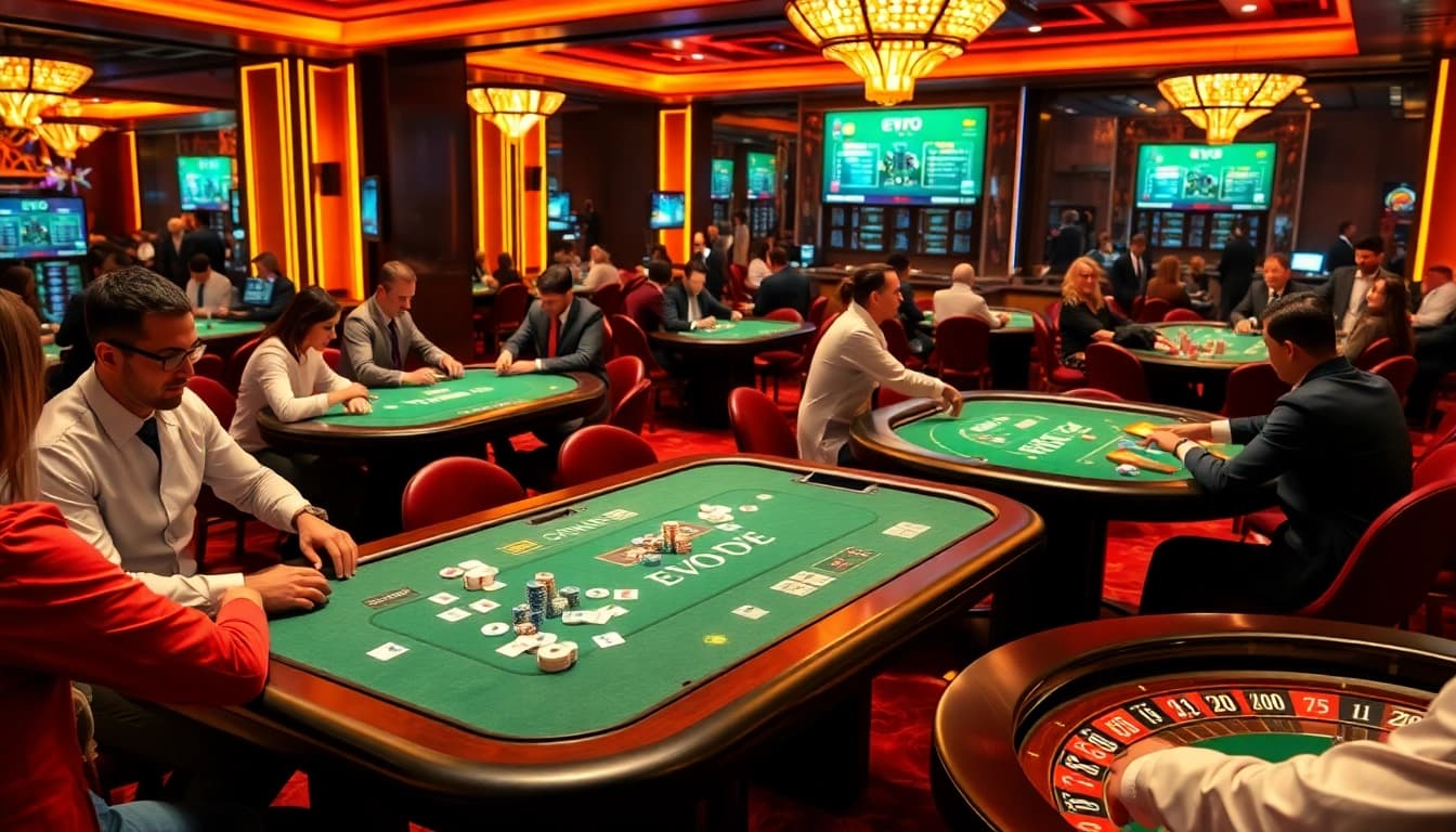 EVO Live gaming tables showcasing high-stakes action in a luxurious casino environment.