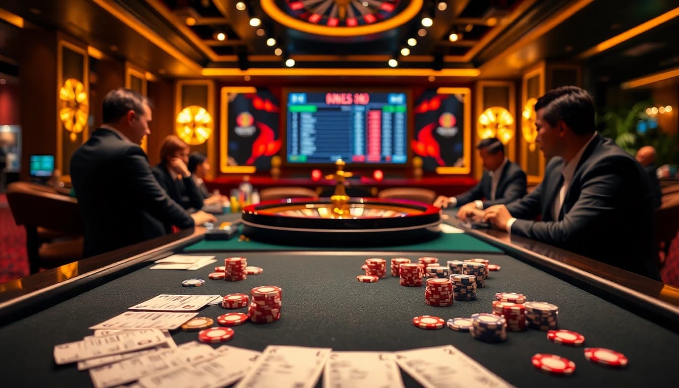 Experience strategic betting with keo nha cai 5 in a vibrant casino atmosphere, featuring poker chips and betting slips.