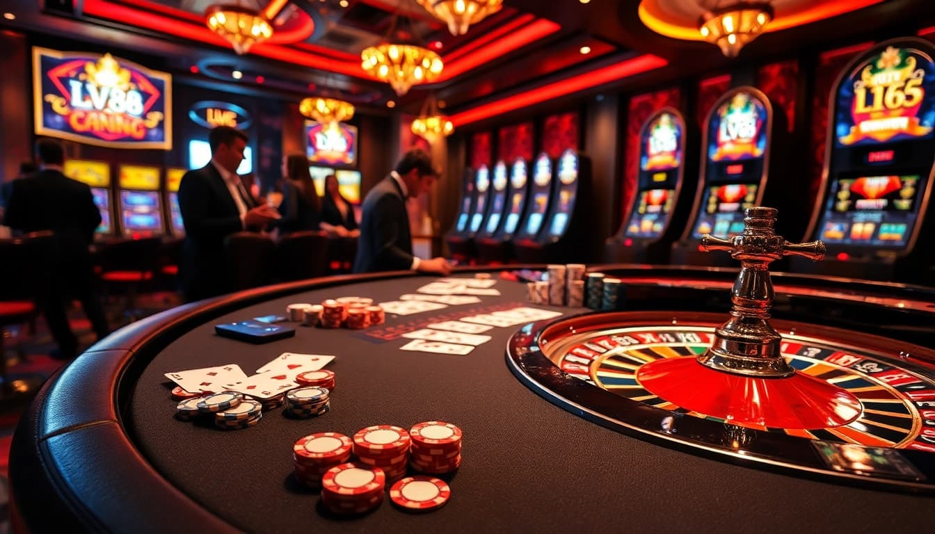 Experience thrilling gameplay with LV88 casino games, featuring vibrant tables, cards, and chips.