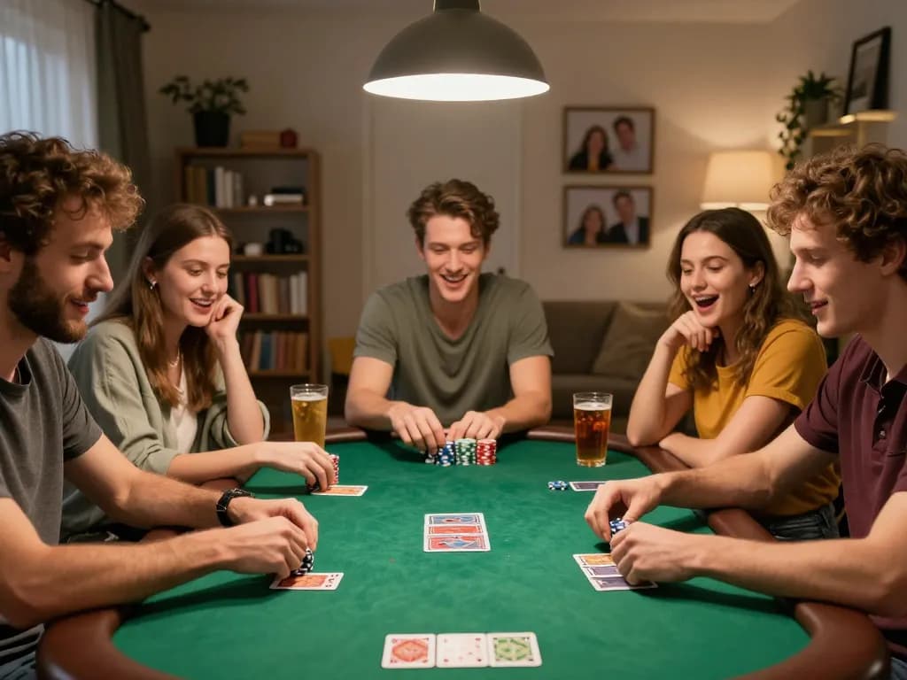 Friends enjoy a lively poker night at home, showcasing strategic gameplay and a fun atmosphere with LGOGOAL.