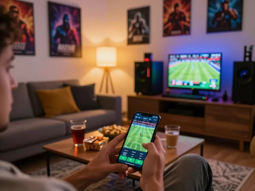 Betting on sports using a mobile app while enjoying a cozy evening at home with botanicabali