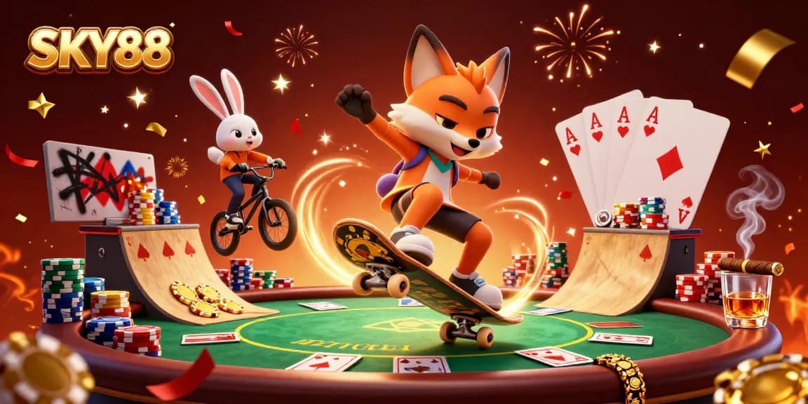 Engage with thrilling SKY88 casino action featuring a fox and rabbit in a vibrant 3D scene.