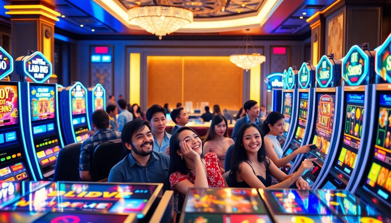 Para pemain yang antusias menikmati pengalaman mendebarkan slot88 di lokasi kasino mewah.