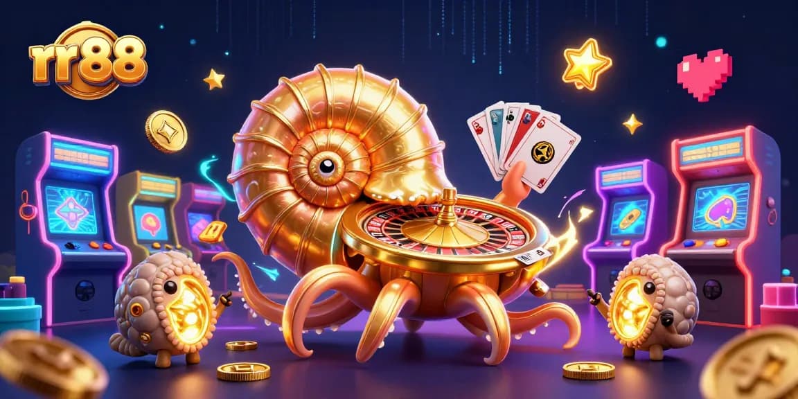 Engage with rr 88 in an exciting 3D casino scene featuring vibrant games, cards, and neon lights.