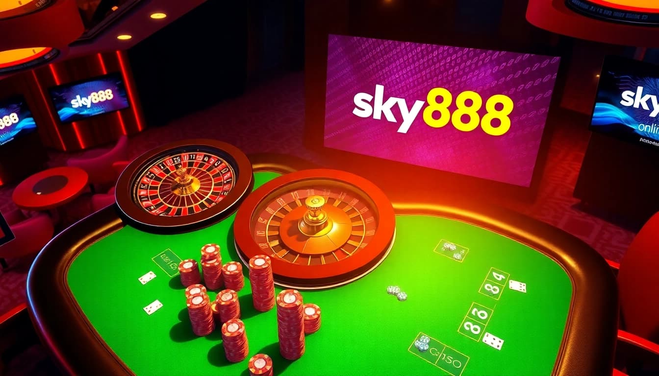 Exciting casino scene showcasing sky888 with poker action, roulette wheel, and vibrant atmosphere.