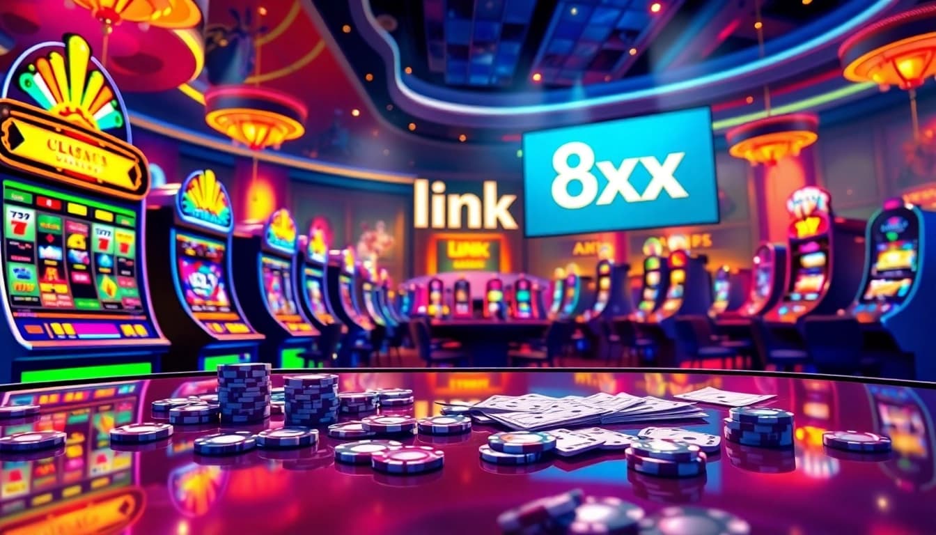 Engage in thrilling gambling action at link 8xx, featuring dynamic casino tables and colorful slot machines.