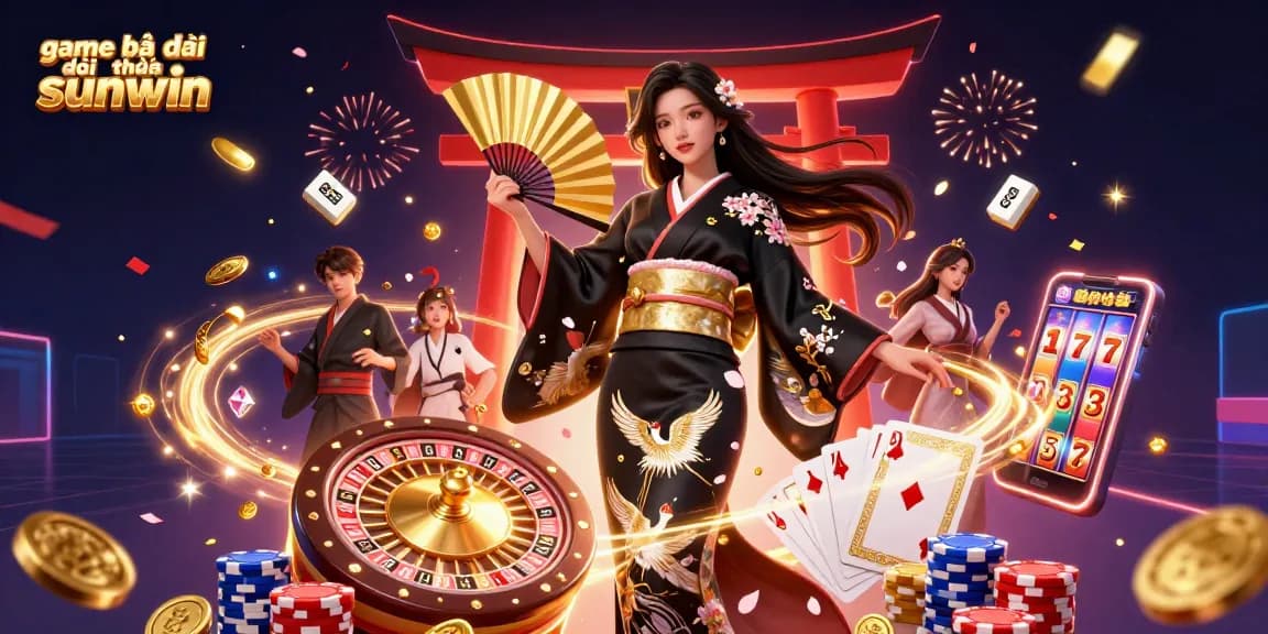 Experience thrilling game bài đổi thưởng sunwin with an elegant Asian woman in a vibrant casino scene.