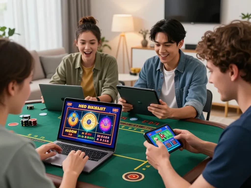 Engaged players enjoying 8kbet online gambling experience with laptops and tablets in a vibrant home setting.