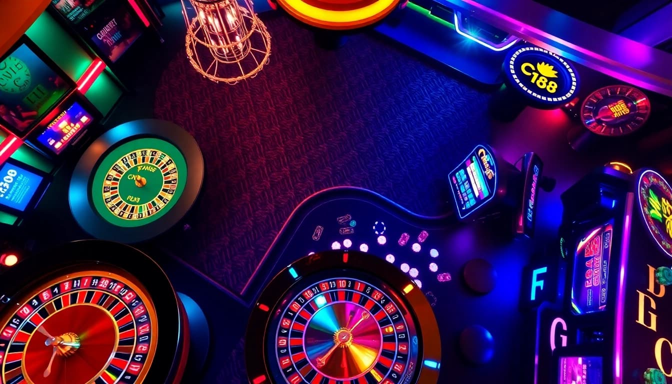 C168 players enjoying an exciting game at a vibrant casino with roulette, poker, and slot machines.