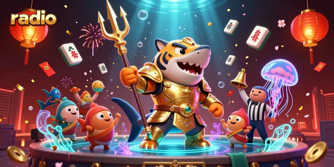 Experience lively radio themed gameplay with a ferocious tiger shark and energetic casino elements.
