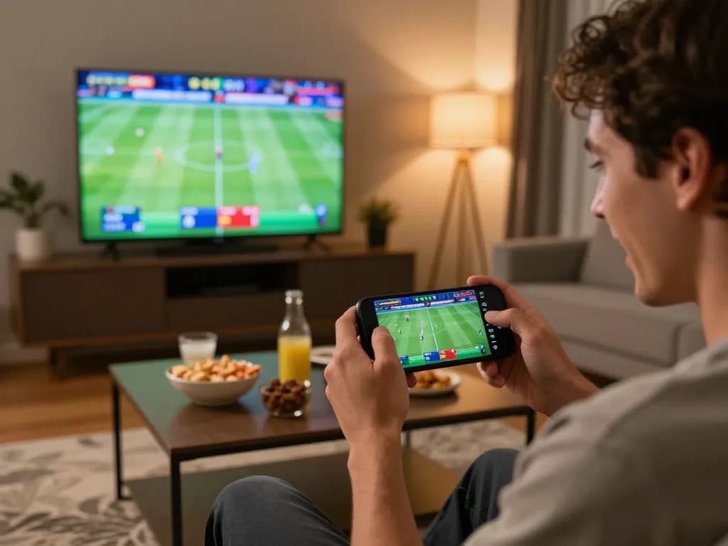Experience slot gacor excitement while placing sports bets on a smartphone in a vibrant home setting.