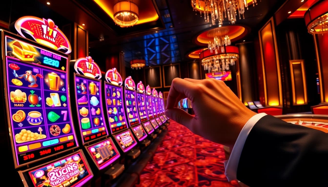 Player activating game nổ hũ slot machine with glowing reels and dynamic jackpot symbols in casino setting