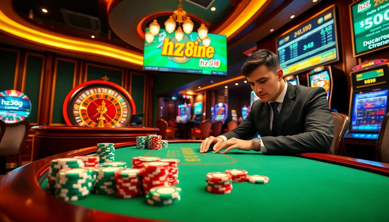 Gambler placing strategic bets with hz 88 poker chips at a luxury casino table