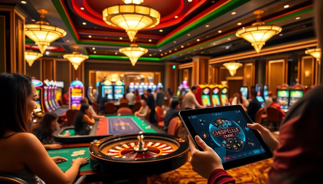 Engaging scene at a luxurious casino featuring players at tables, slot machines, and a tablet from https://thabet1.net/.