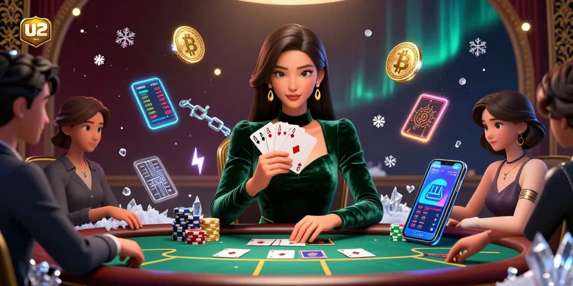 Experience the thrill of poker at u2 Casino with a focused player and glowing crypto elements.