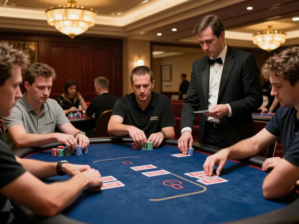 Players engage in intense poker strategies at PLANET88 casino table, showcasing expert gameplay and excitement.
