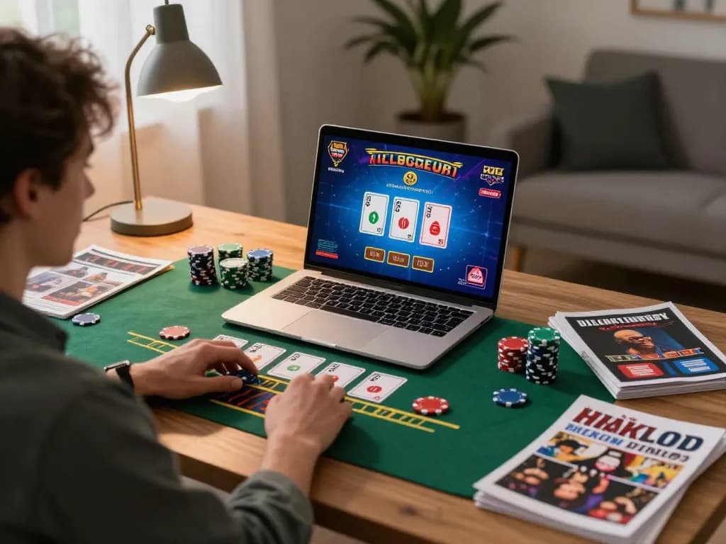 Engaging in a live dealer blackjack game at home through gen-e online platform with cozy workspace.