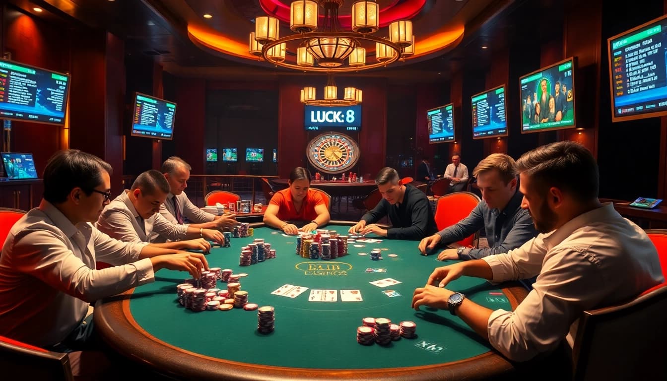 Exciting poker gameplay at Luck8 showcasing high stakes and vibrant casino atmosphere.