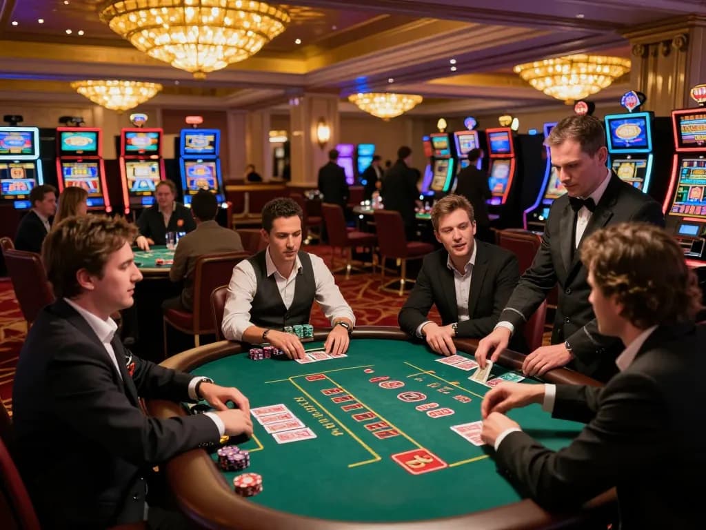 Create a Caricature of energetic blackjack scene in upscale casino with players and dealer.