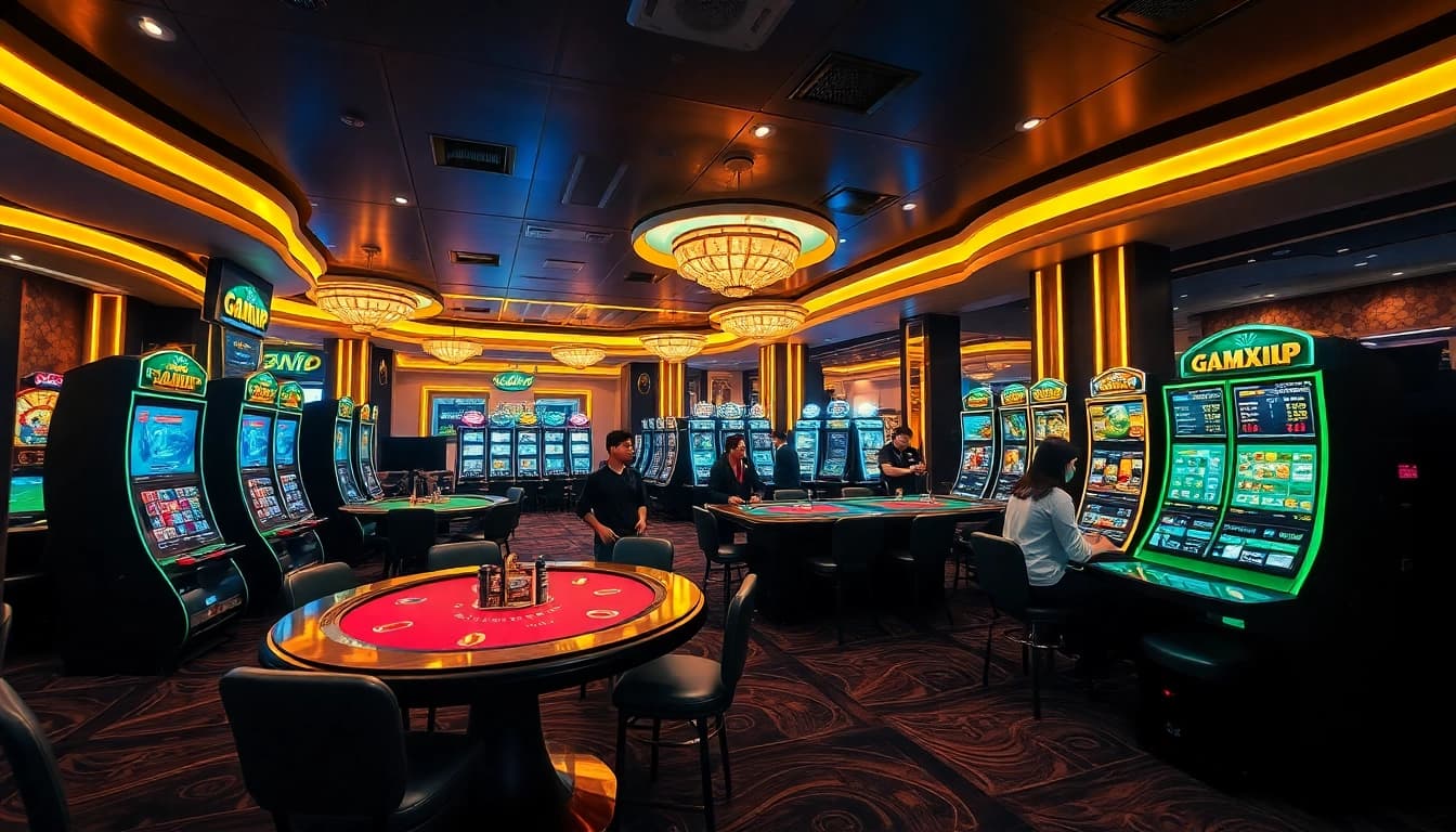 Exciting gaming atmosphere at https://sunwinw.com/, showcasing Tài Xỉu, slot machines, and interactive players in a vibrant casino setting.