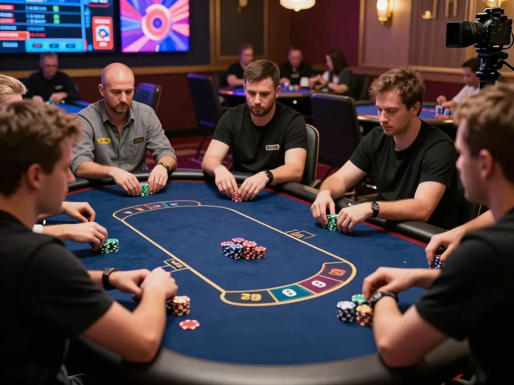 F168 poker players strategizing at an online table with vibrant casino graphics.