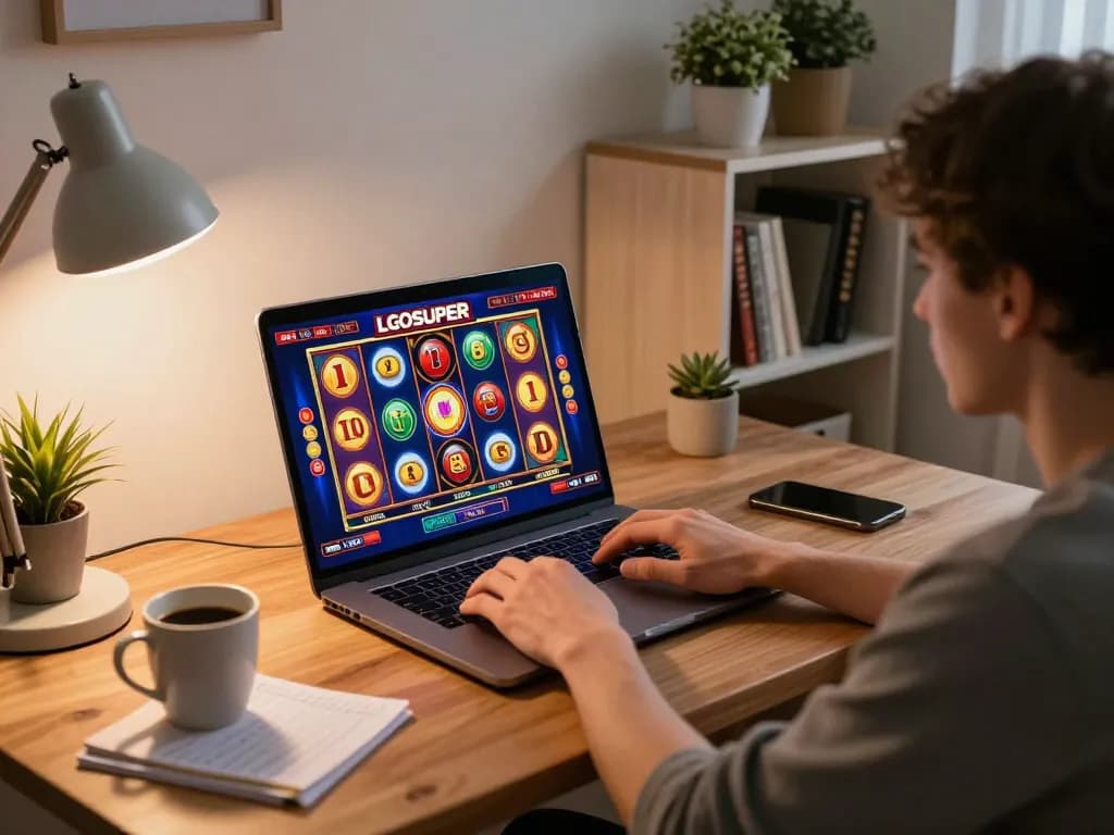 Engaging in LGOSUPER online slot gaming on a laptop in a modern home office.