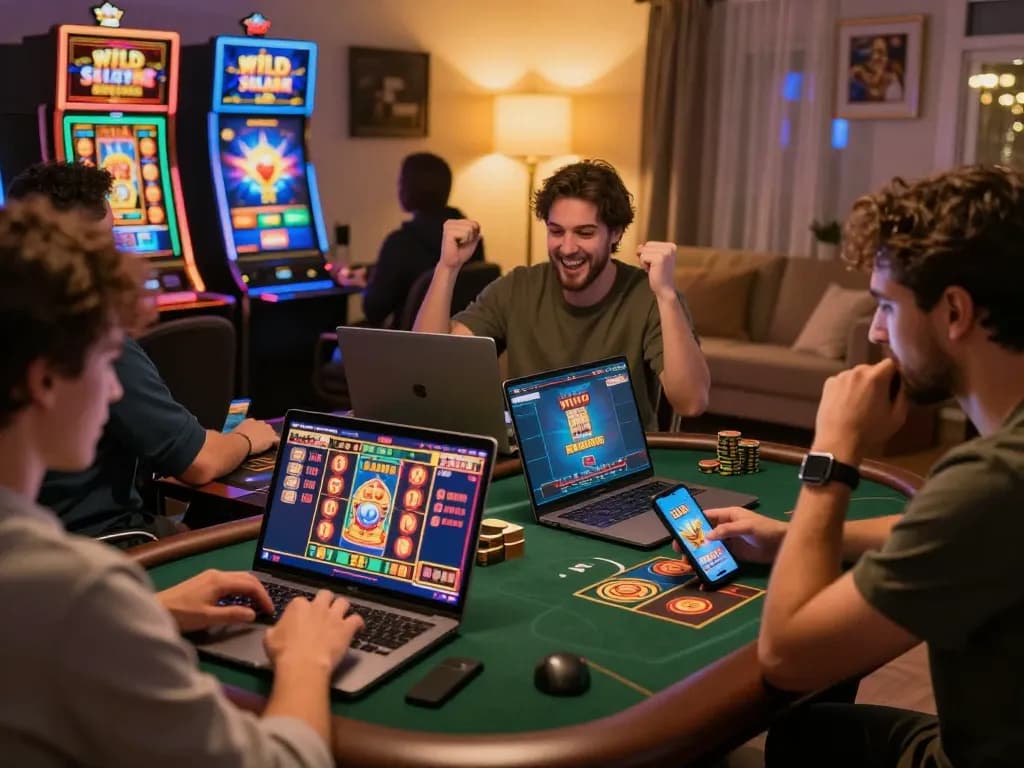 wild sultan casino en ligne players enjoying engaging online games on laptops and smartphones in a cozy atmosphere