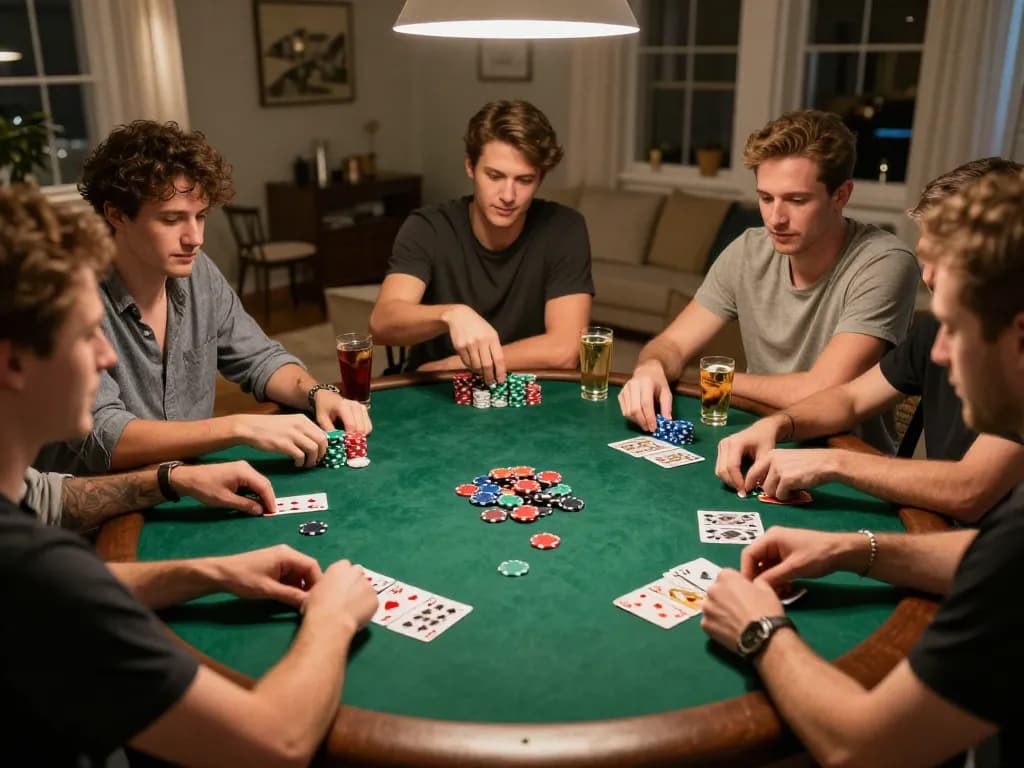 Players enjoying a home poker night with dash88 cards and chips, highlighting strategic gameplay.