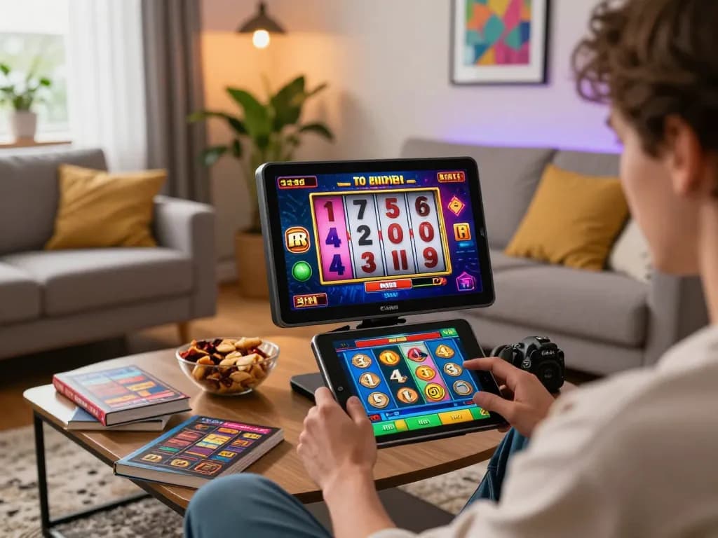 Player enjoying LGOSUPER online slot game on a tablet in a cozy home environment