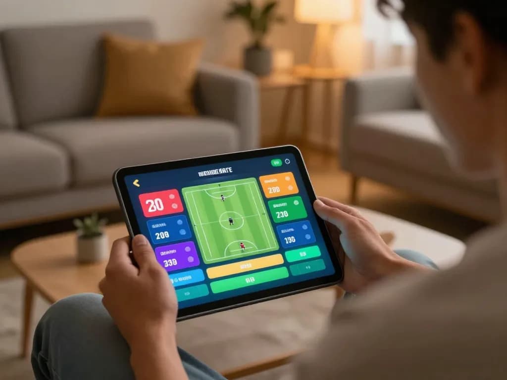 Soi kèo analysis with a player actively betting on soccer matches using a tablet in a cozy living room