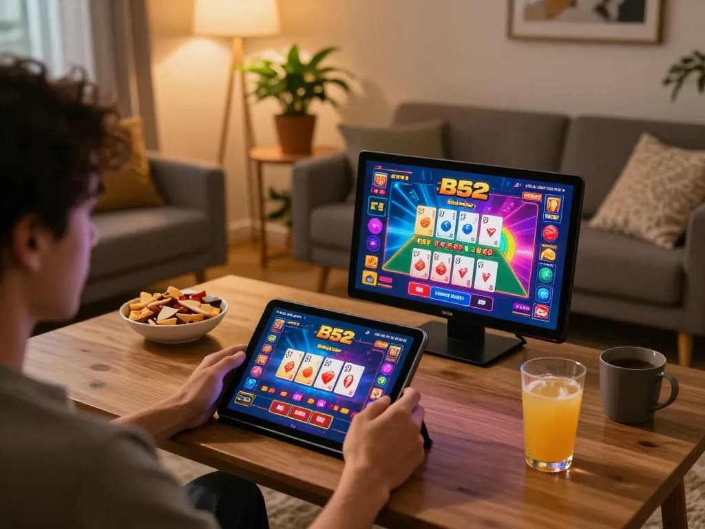 Player enjoying the B52 gaming app on a tablet in a cozy home environment