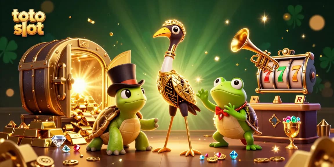 Toto slot gaming scene featuring a flapper-style crane, a top-hat turtle, and a trumpet frog amid treasure elements.