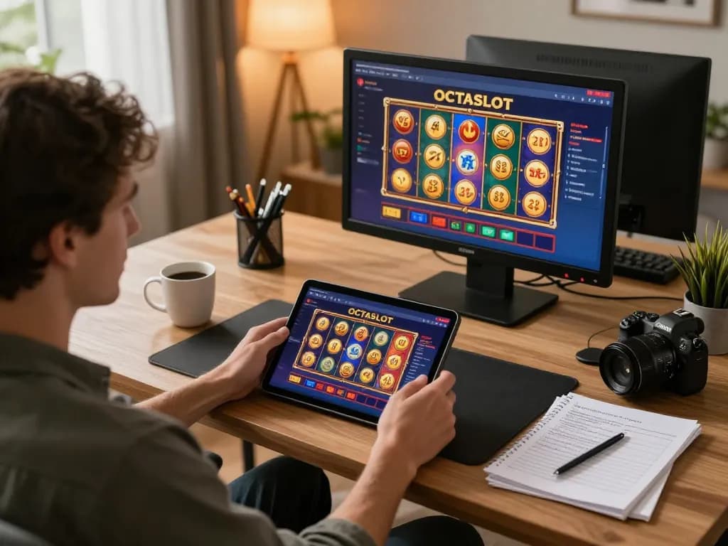 Player enjoying OCTASLOT on tablet, integrated gaming environment with strategy notes