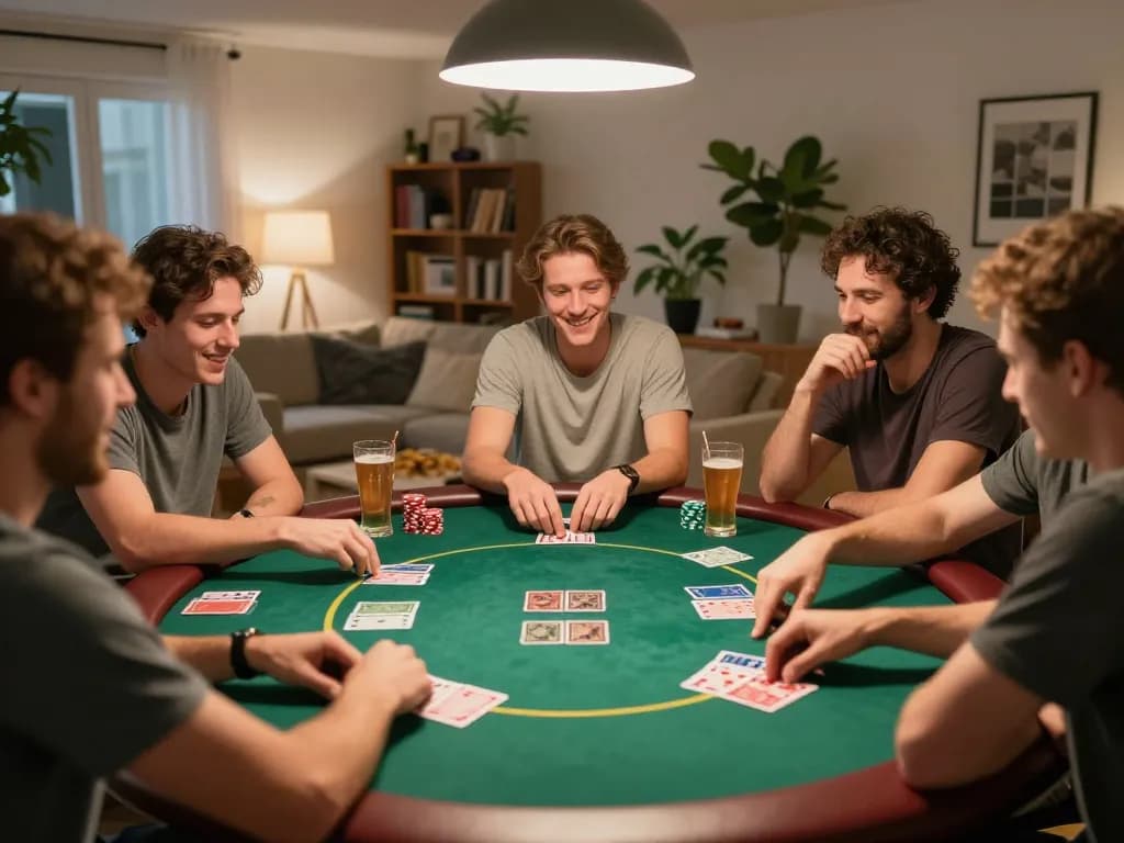 MPO08 players enjoying a friendly poker night at home with snacks and drinks