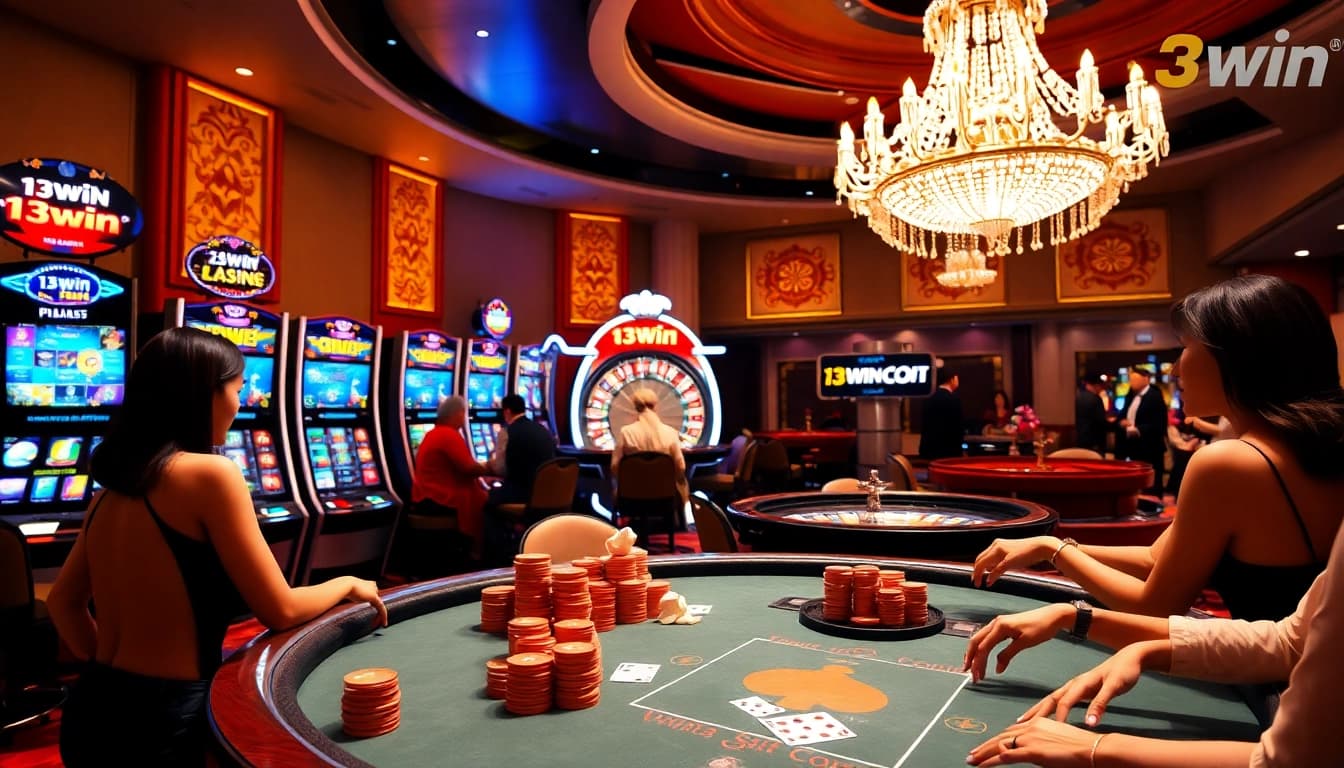 Experience the excitement of 13win with players at the poker table in a luxurious casino setting.