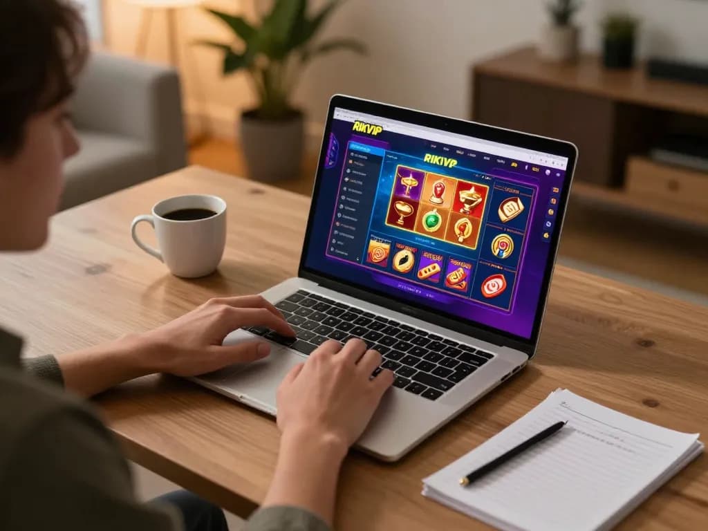 RIKVIP player enjoying online casino games at home with strategic notes and warm lighting.