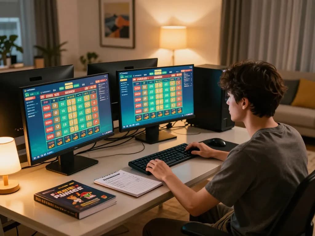 Person analyzing data sgp results on multiple screens while enjoying a cozy online lottery gaming session