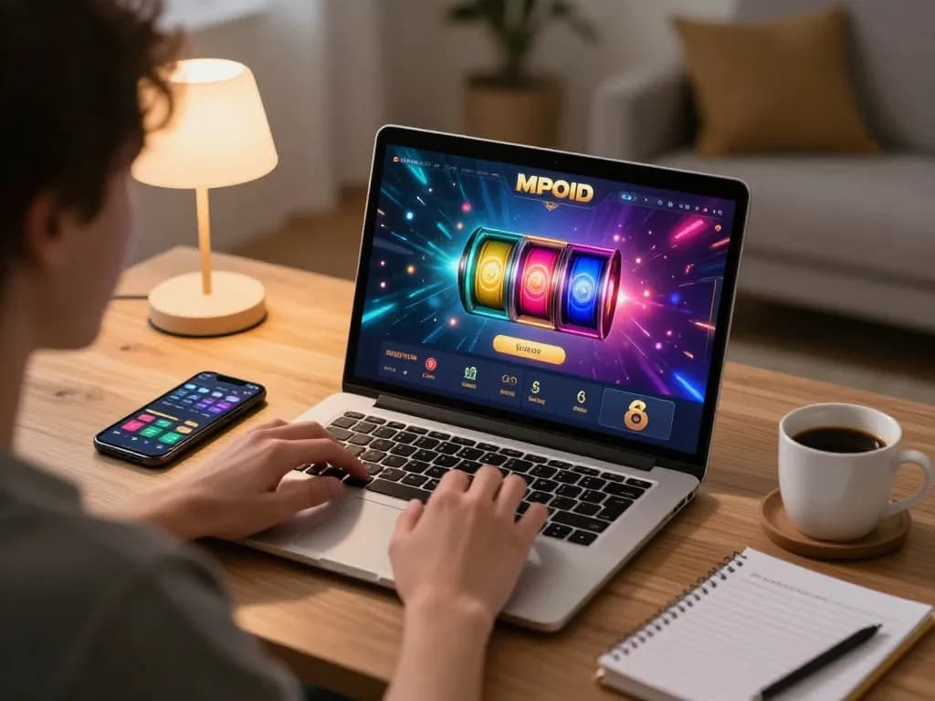 MPOID player immersed in online gaming, leveraging strategy notes and vibrant game interface for better odds.