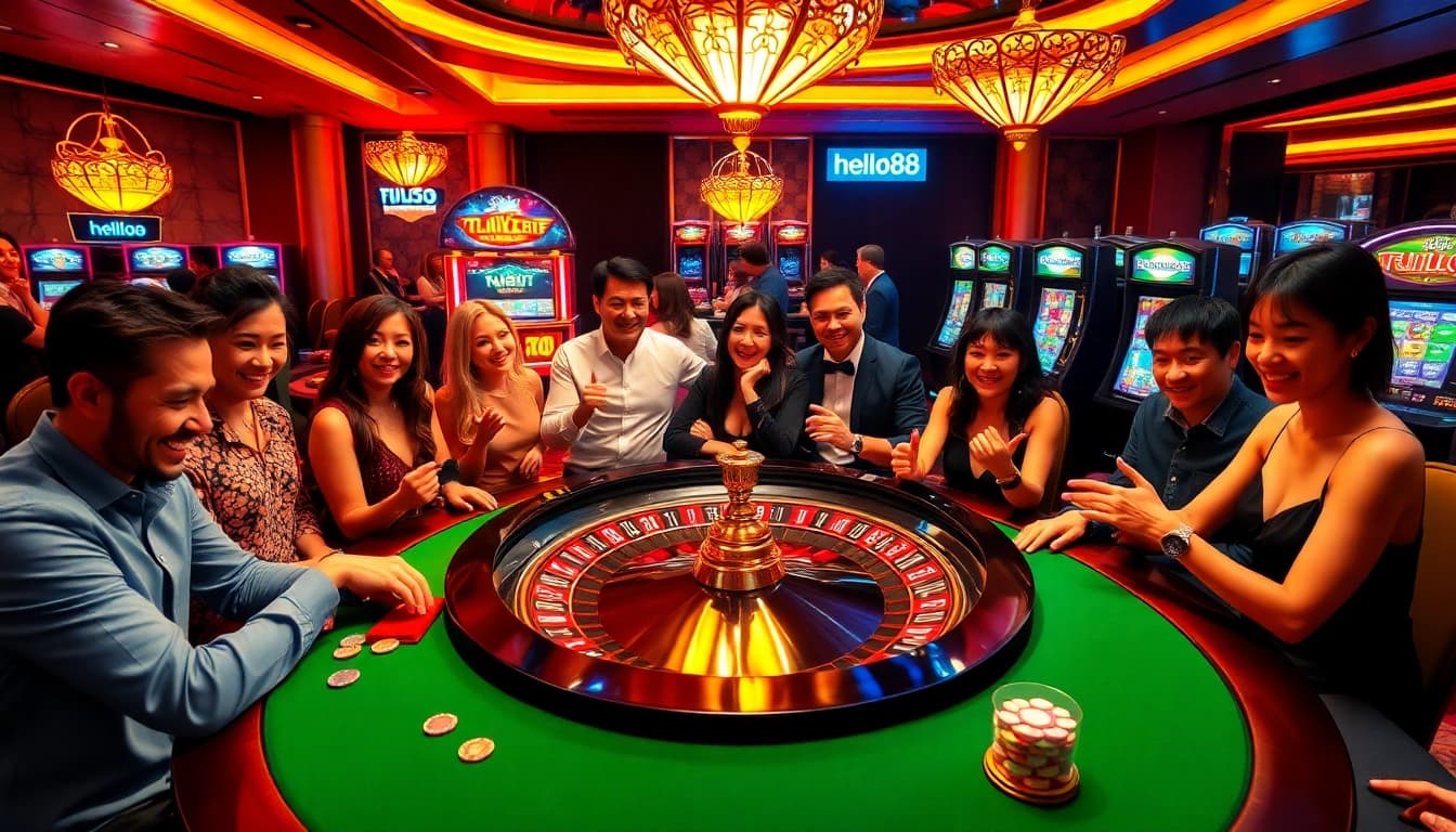 Players engage at a vibrant casino table featuring hello88-themed poker chips and roulette.