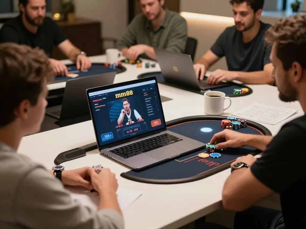 Players engaging in a thrilling mm88 online poker game from a cozy home setup.