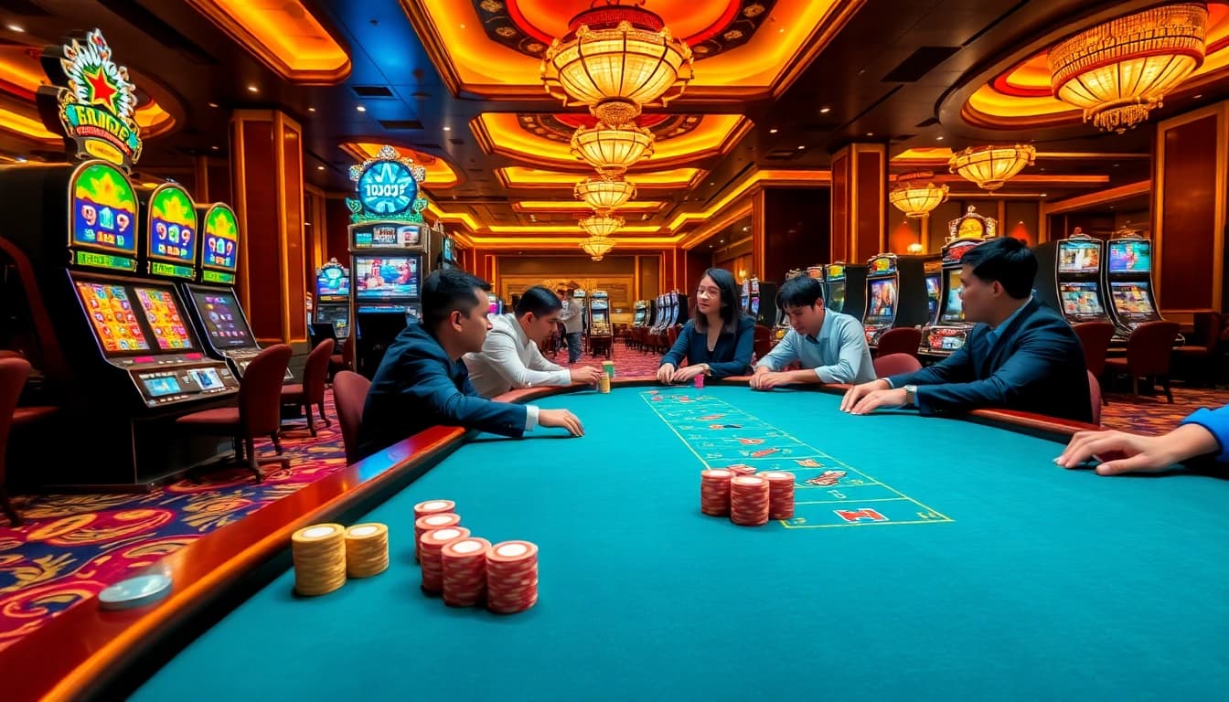 NK88 players enjoying an exciting game at glamorous casino tables filled with poker chips.