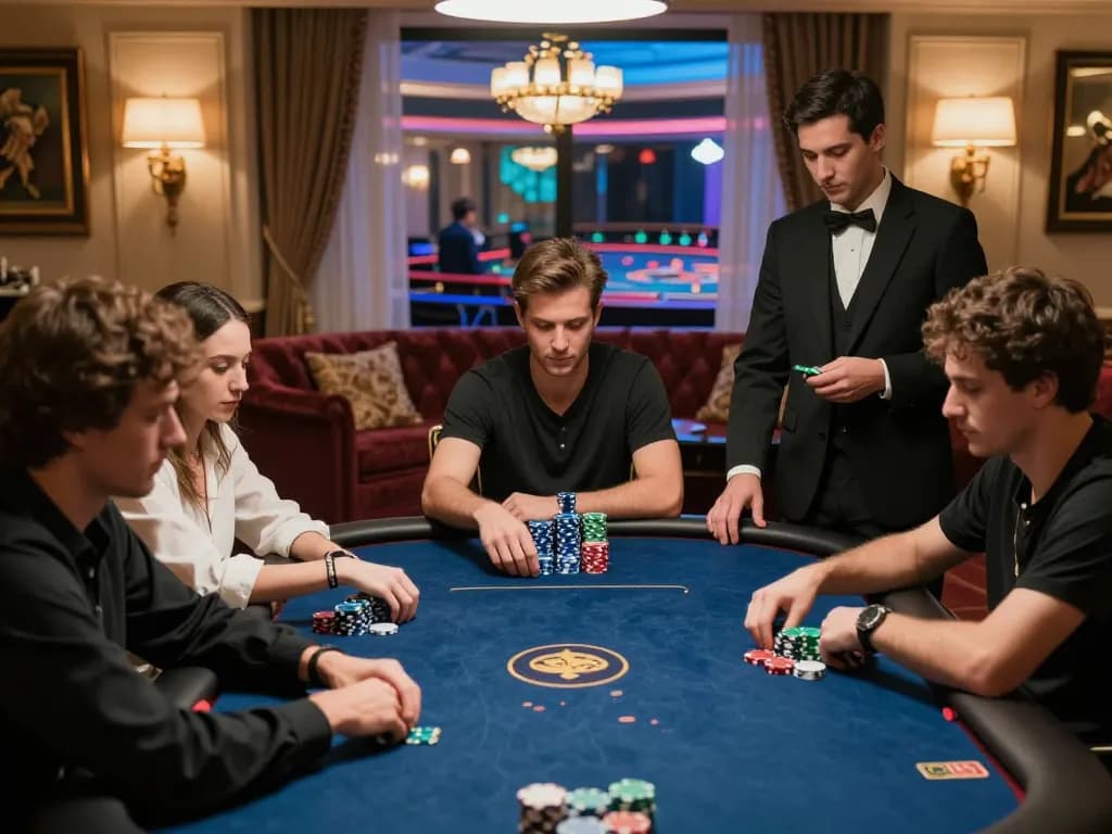 Sesi strategi poker yang intens dengan pemain terlibat, menampilkan elemen asosiasi scrapbooking dalam pengaturan yang mewah.