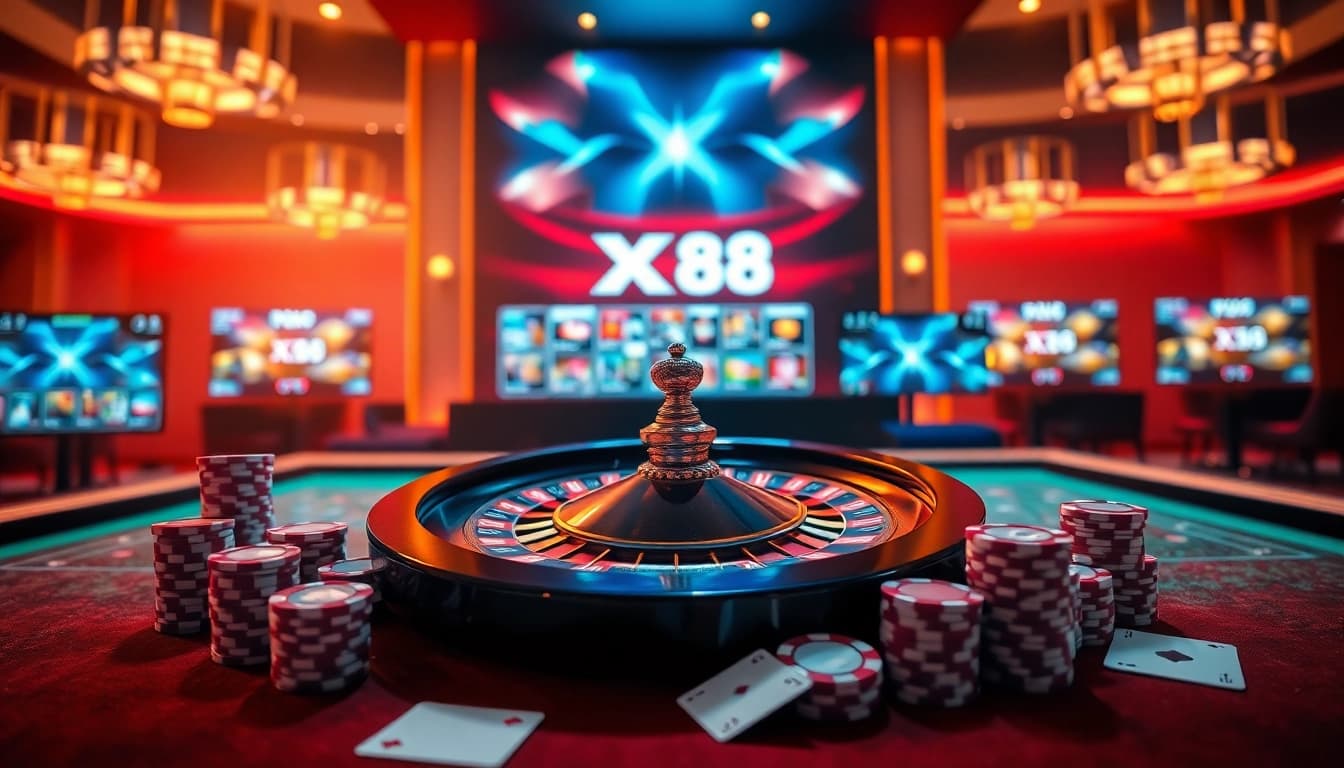 Bet on XX 88's vibrant casino scene featuring roulette wheels and poker chips to win big!