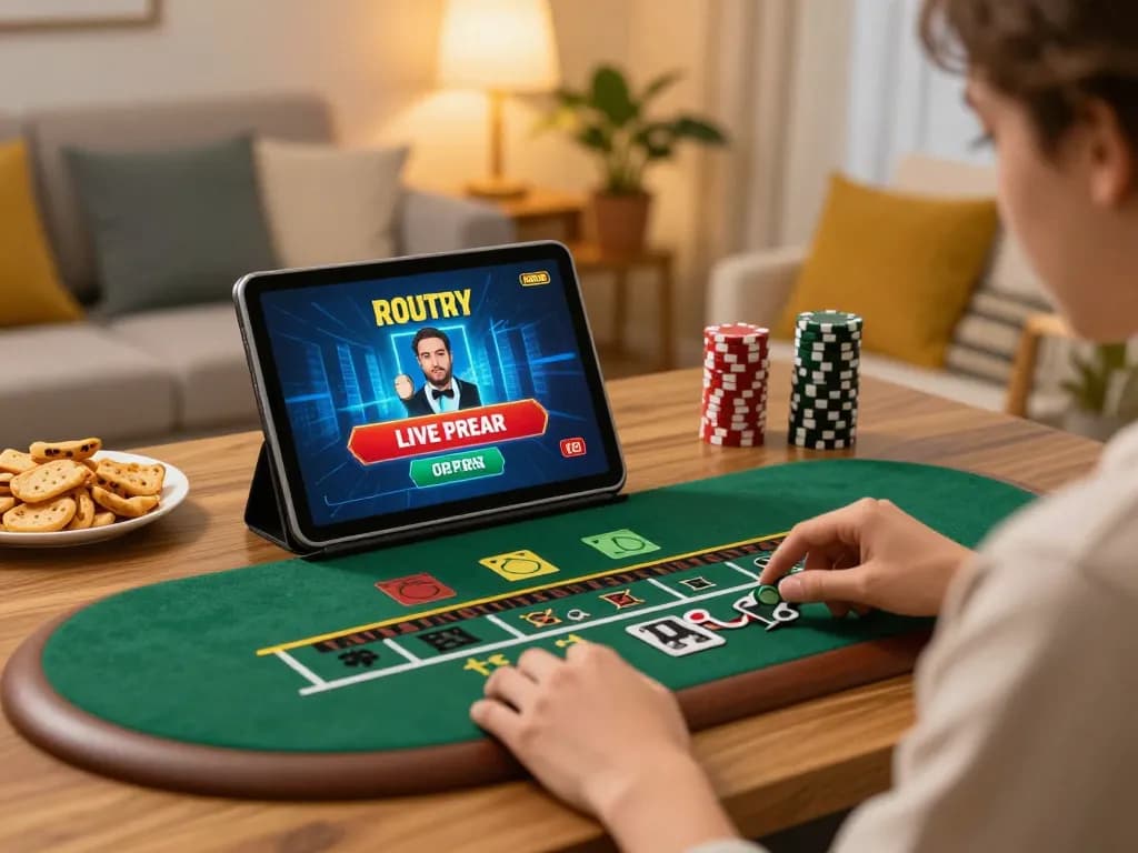 Player enjoying ta88 live dealer game on tablet in a cozy home setup, combining comfort and strategic gambling.